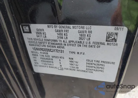 2012 Chevrolet Traverse 1Lt z USA, uszkodzony, nr VIN 1GNKRGED5CJ172131